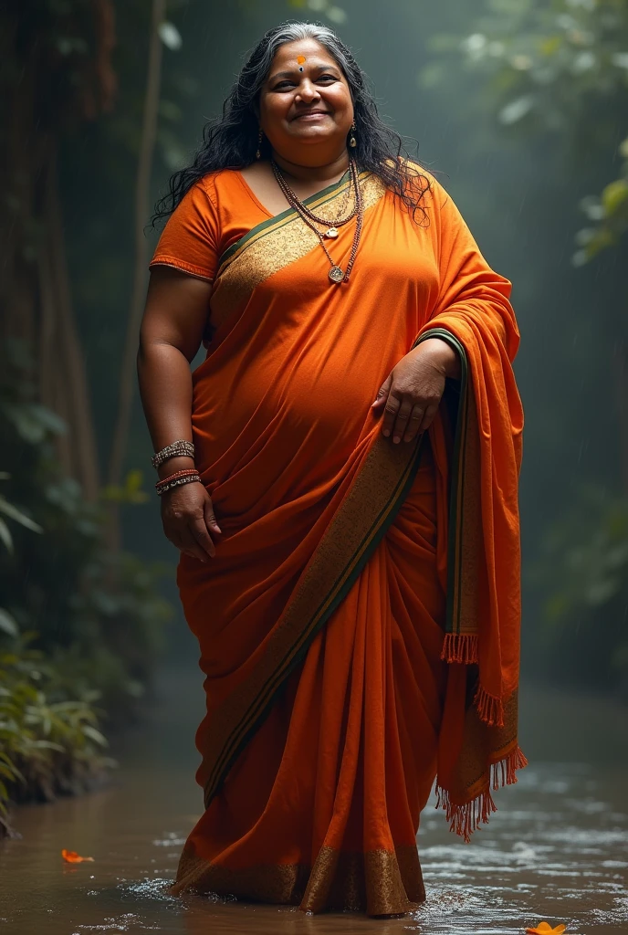 Big indian aunty wearing the saree.saree will wet.her hair tie