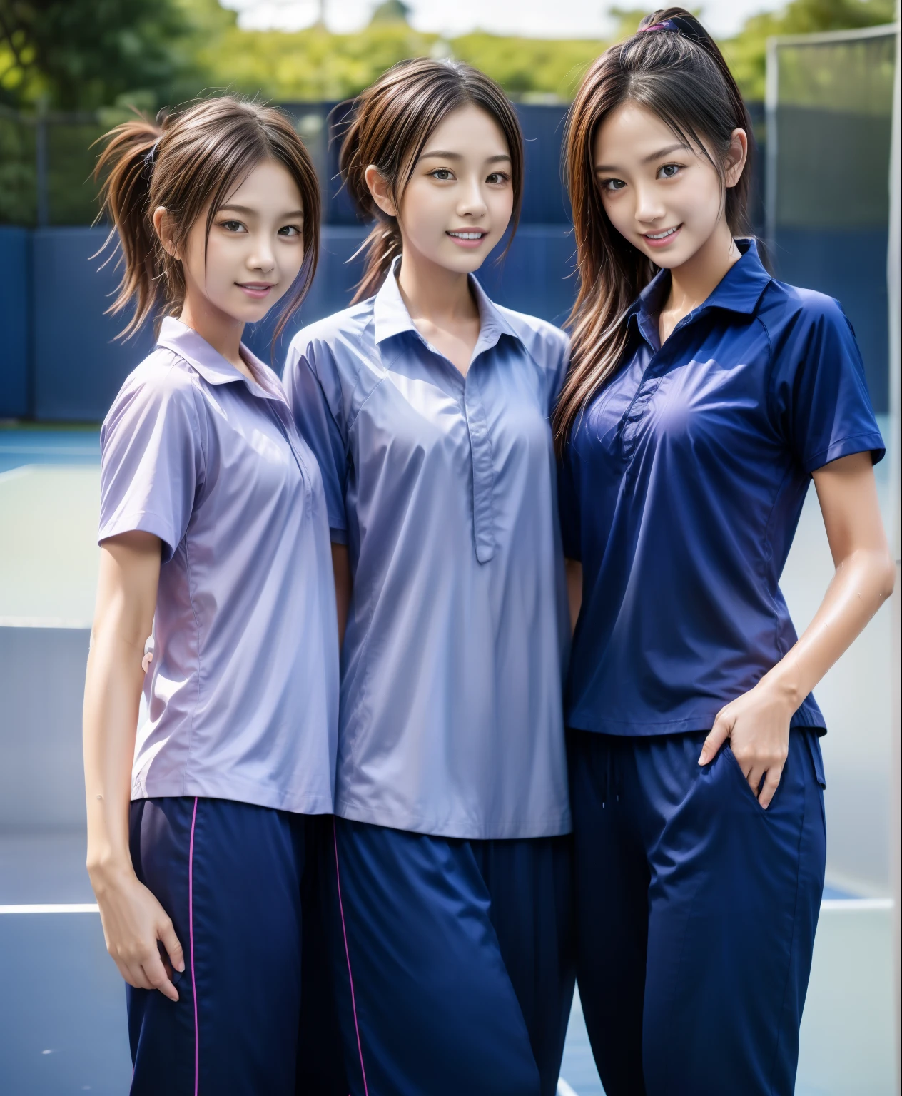 3 girls play tennis at tennis courts, Navy blue short-sleeved shirt,Navy Long Trackpant,Sweatpants, Sweatpantsขายาว,2 girl, lesbian, sexy, exercise clothes, wet body, exercise clothes