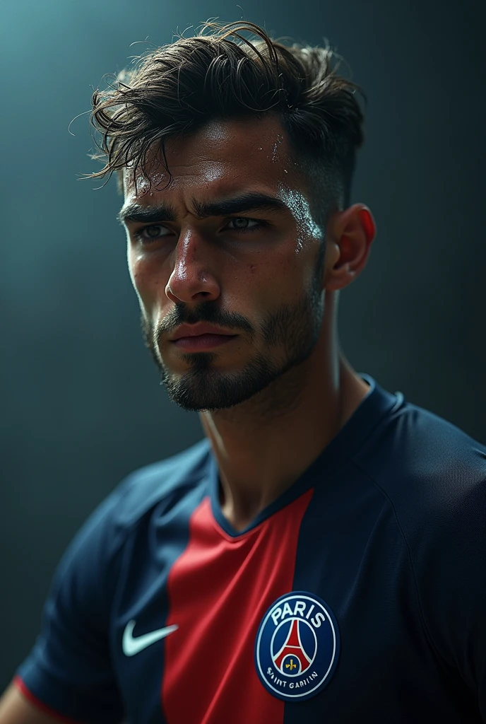 Make fictional player "Luca Rossi" crying with the PSG shirt