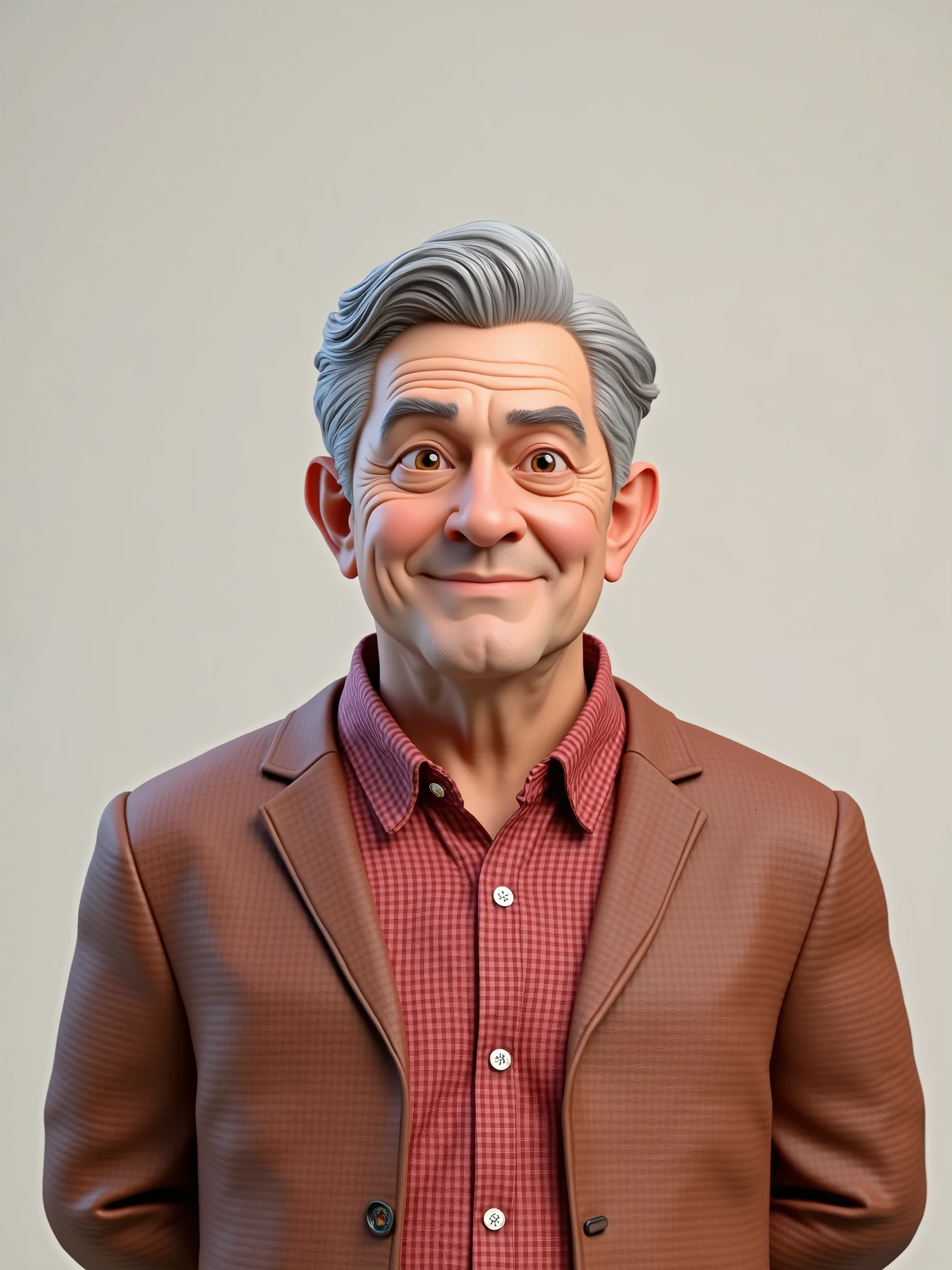 Create a 3D style character, of a 6 man, brown eyes, short gray hair, with a normal mouth, a big and airy nose, thick shadows, wearing dress clothes