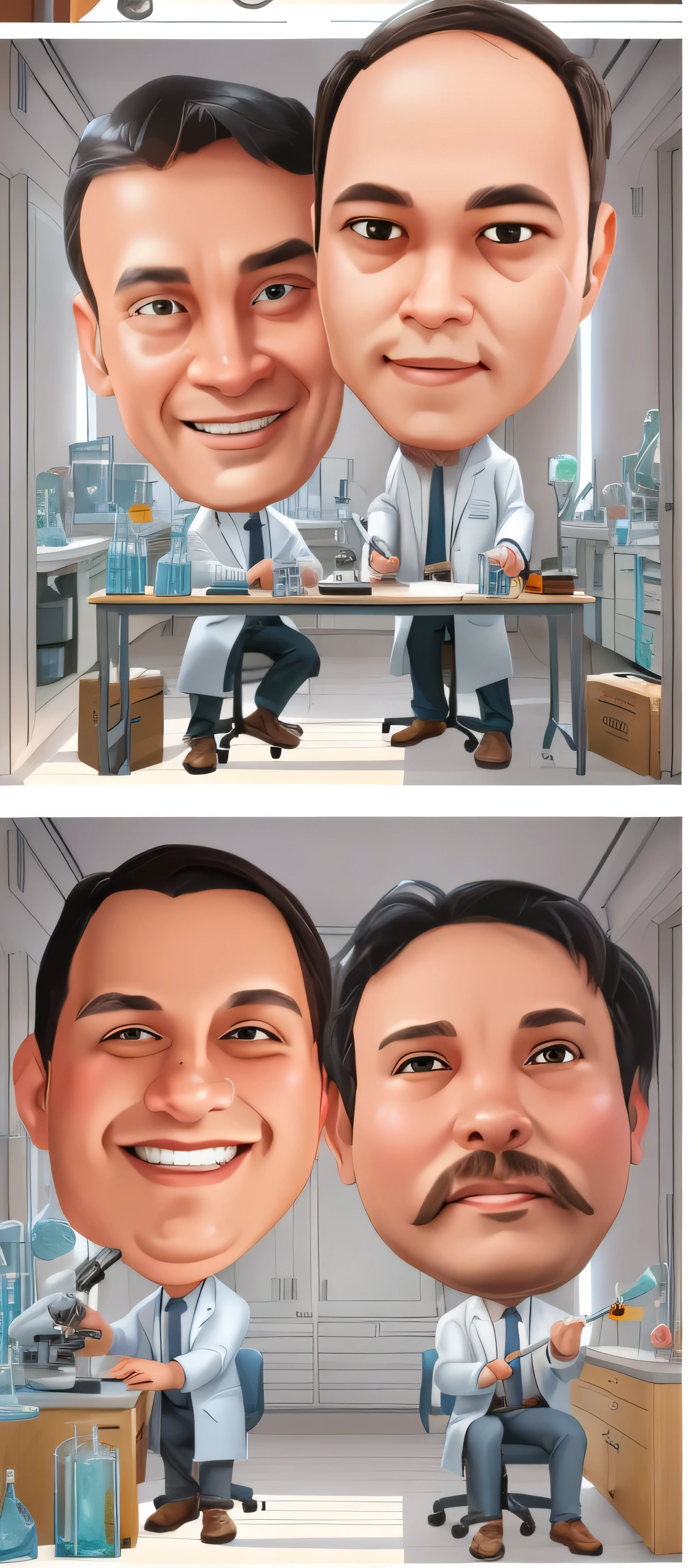 cartoon of four men in lab coats with beakers and beakers, caricature illustration, scientists, caricature style, cartoon style illustration, scientist, potrait, in cartoon style, caricature, smoky laboratory, in laboratory, chibi, laboratory, clone laboratory, cartoon artstyle, fanart, experiment in laboratory, caricature!!!, elite scientist, cartoon digital painting, cartoon illustration, 3D render, 3D Cartoon, big head, cartoonish look, high resolution, super detail, soft lighting