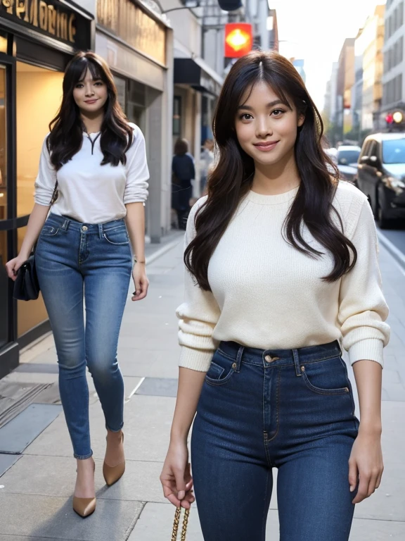((Highest quality, 8k)), ((masterpiece)), (Highest Resolution), Perfect Face, Fox Woman, Female college student, Beautiful woman, In the city, Only one tail, she has thick thighs, Her large tail, Her brown fox tail, She wags her tail, smile, Collar on Leash, She is wearing jeans, Plump Breasts, Beautiful Hips , Her fox tail sticks out of her jeans