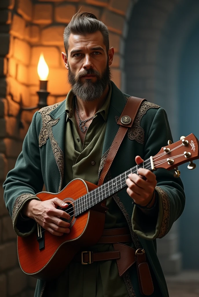 bard, half elf, masculine, com um ukulele, with hair on the chin, inspired by the dungeon rpg game & dragons