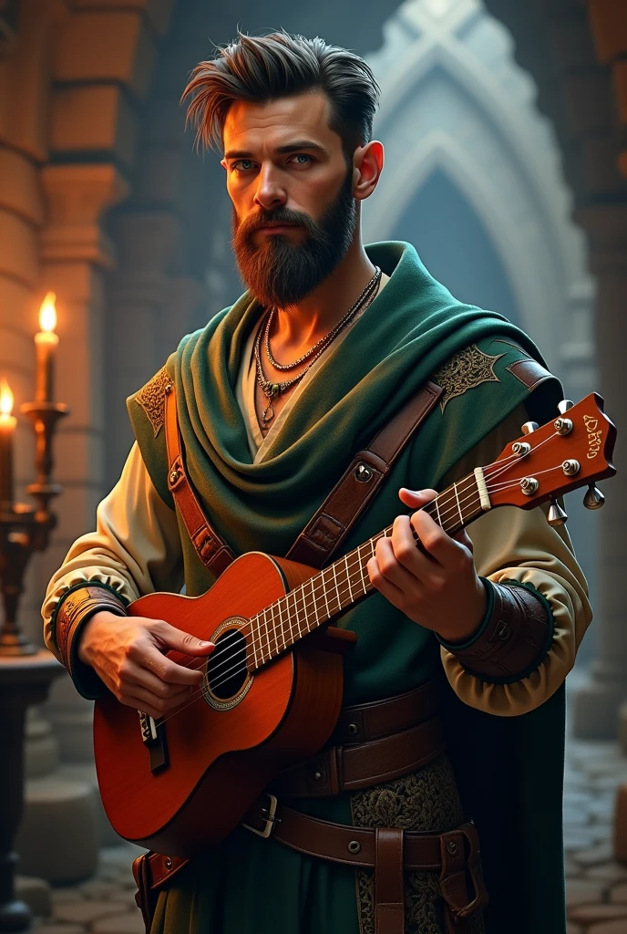 bard, half elf, masculine, com um ukulele, with hair on the chin, inspired by the dungeon rpg game & dragons