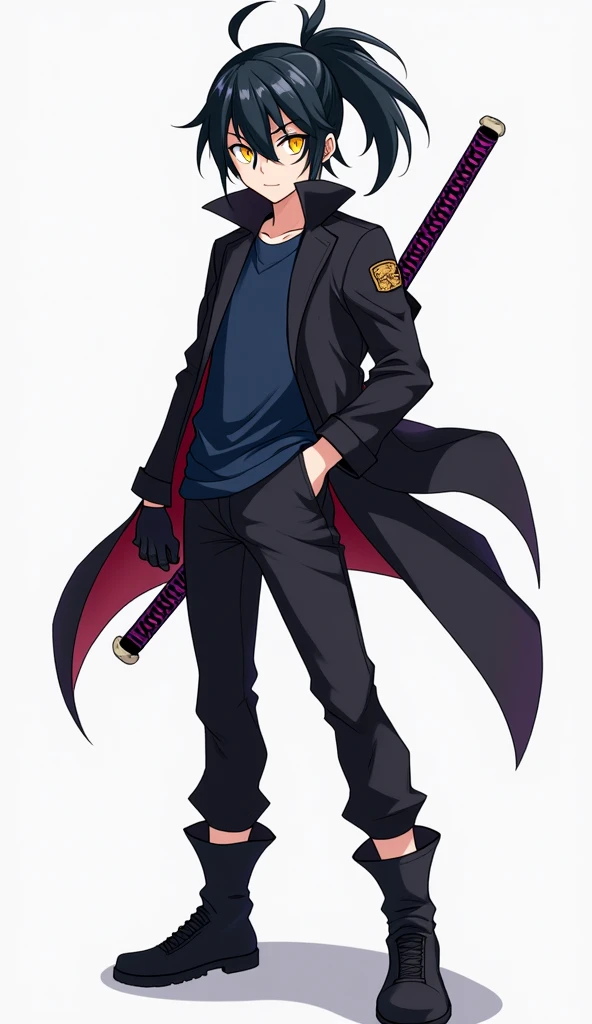 Create an anime style character, male gender with short and long, slightly spiky black hair with the fringe covering the face a little on the left side and with a giant ponytail, yellow eyes, eyes large, Jaketa Black jacket with dark blue shirt, black gloves, black pants with men's black boots, with a purple sheathed katana on his back.