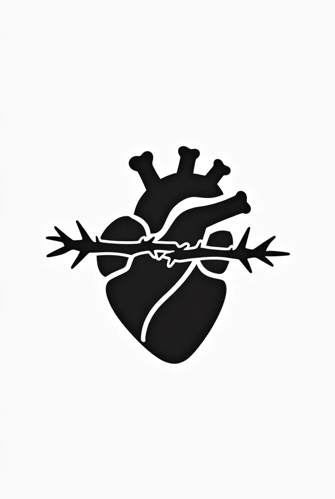 create a minimalist black and white logo with a human heart and a horizontal crown of thorns surrounding the heart