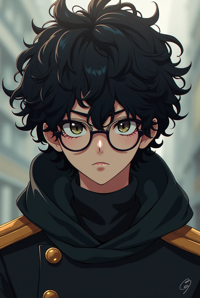 An anime character with big curly hair almost covering his face wearing round glasses and very handsome wearing the full body Tokyo Revenger Brahman Gang uniform