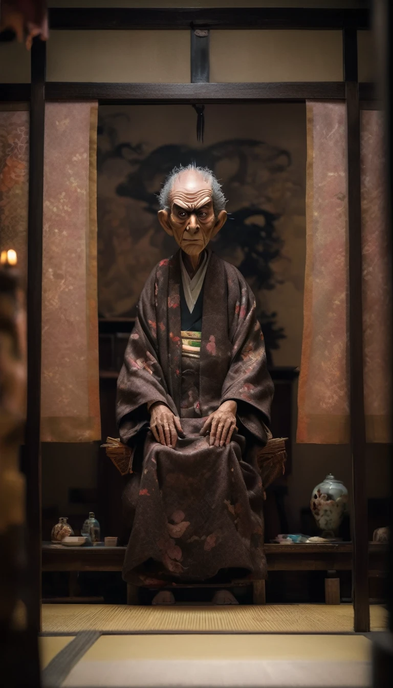 Inside the Japanese-style room、A thin old man wearing a kimono、Big headed monster、Shallow depth of field, Vignette, Very detailed, High budget, Bokeh, CinemaScope, Sulky, amazing, nice, Film Grain, granular . Creepy, Anxious, dark, Creepyな, Suspenseful, strict, Very detailed