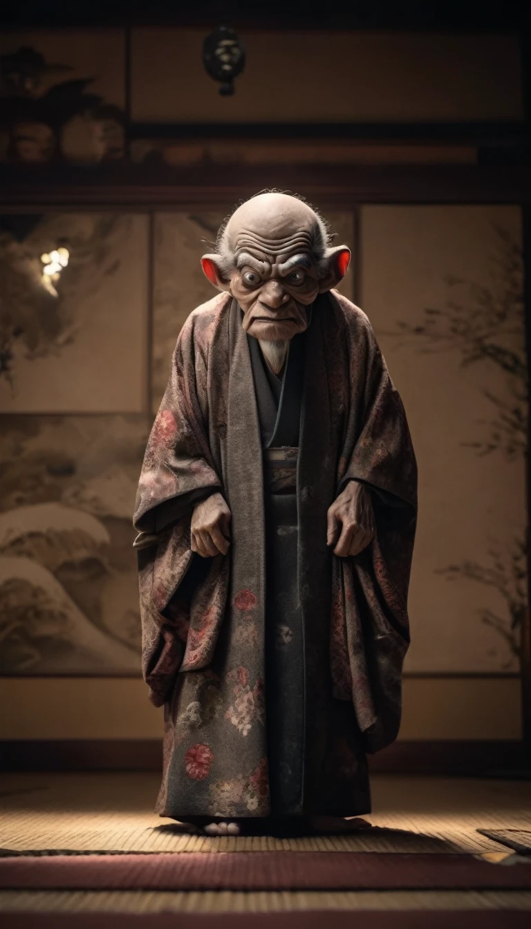 Inside the Japanese-style room、A thin old man wearing a kimono、Big headed monster、Shallow depth of field, Vignette, Very detailed, High budget, Bokeh, CinemaScope, Sulky, amazing, nice, Film Grain, granular . Creepy, Anxious, dark, Creepyな, Suspenseful, strict, Very detailed