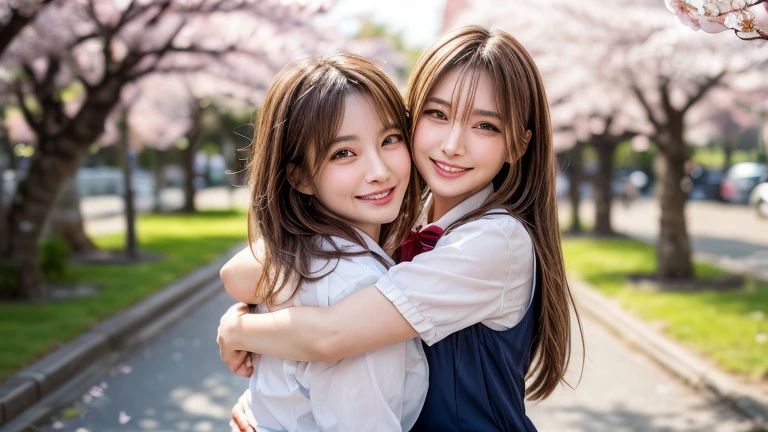 ((masterpiece)), ((Highest quality)), (Very detailed), ((cute)), cute, (likely), ((sexy)), (device), ((Very detailed)), 4K, (8k), Highest quality, (beautiful), hyper Genuineistic, Genuine, Dynamic Angle, whole body, (Cherry blossom petals, Cherry tree in full bloom:1.3), (Two people, 2 cute girls:1.5), ((Schoolgirl Uniform)), ((beautiful eyes)), short hair, Hips, Large Breasts, A light smile, blush, (Wind effects:1.3), (like, hug:1.5)
