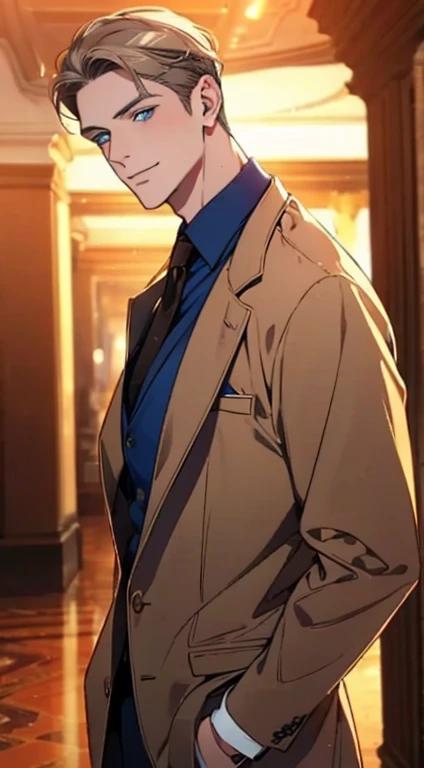 a mature man with short grey Brown hair, blue eyes, 31 years, and a perfect face, smiling in love, CEO, cinematic lighting, 1:4 HDR image, top view, ultra detailed, best quality, masterpiece, 8K, photorealistic, beautiful image