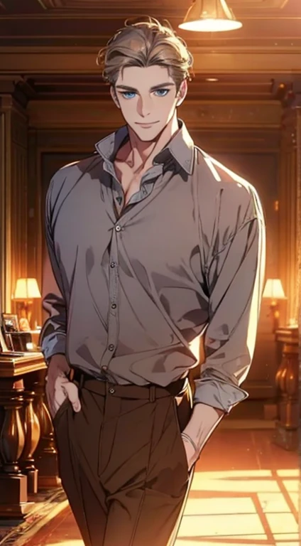 a mature man with short grey Brown hair, blue eyes, 31 years, and a perfect face, smiling in love, CEO, cinematic lighting, 1:4 HDR image, top view, ultra detailed, best quality, masterpiece, 8K, photorealistic, beautiful image