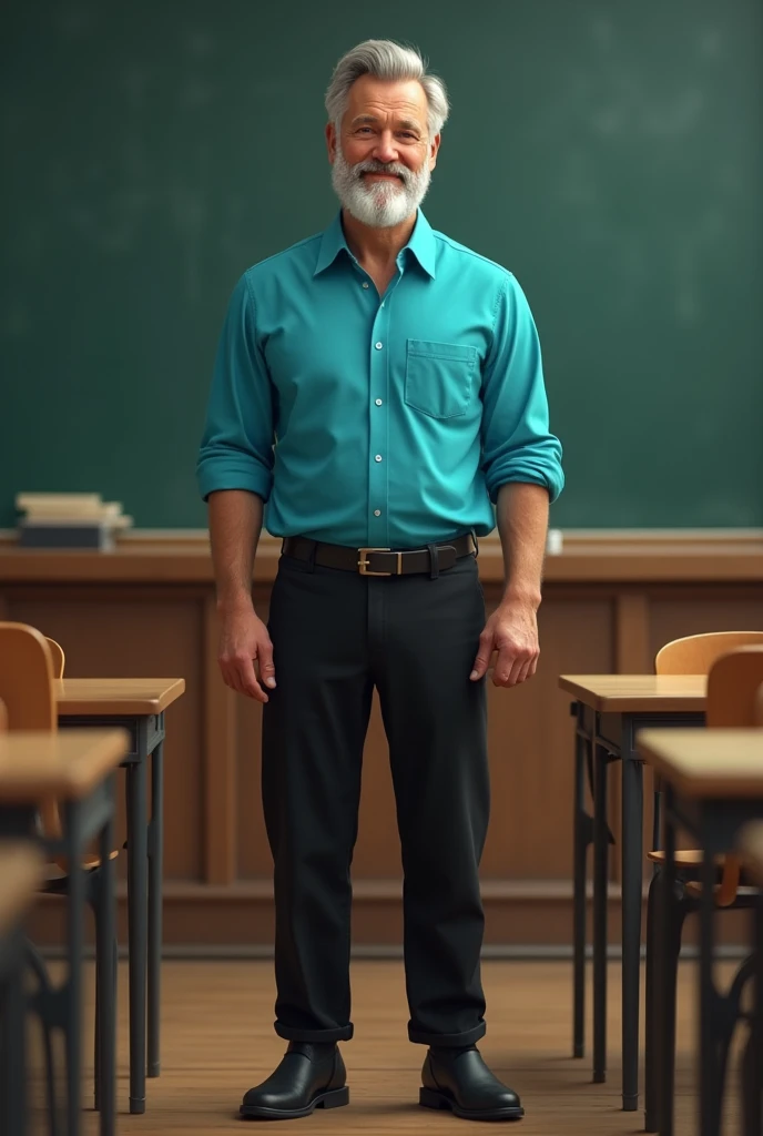 Male teacher with turquoise blue 3-quarter sleeve shirt, black pants , black booties
