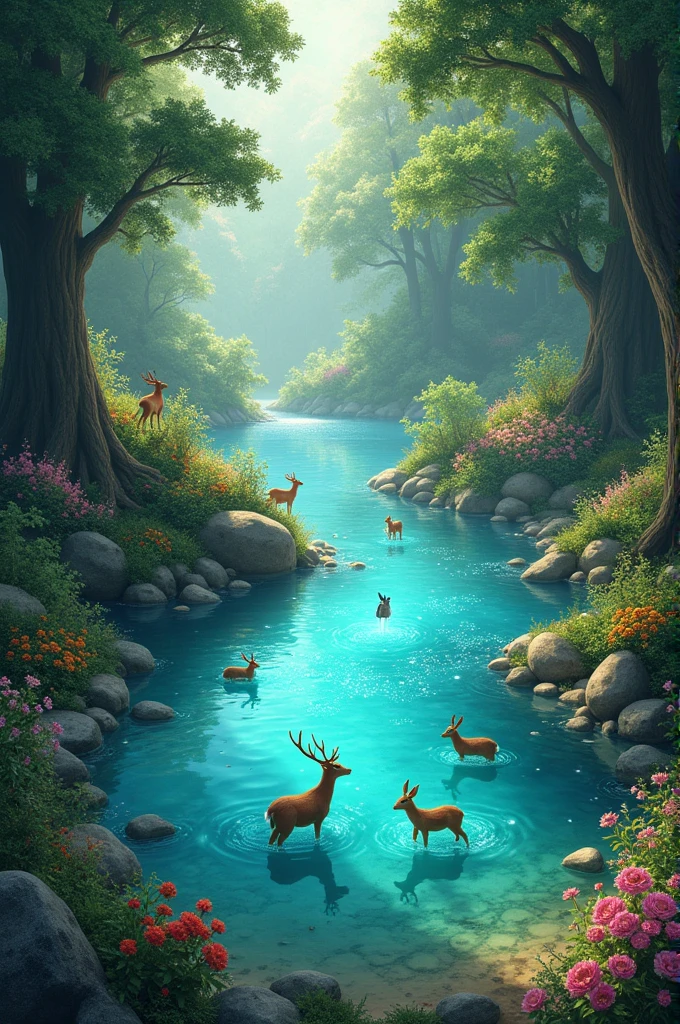 The tiny stream of Rona's tears transforms into a magical, sparkling lake surrounded by lush trees and vibrant flowers. Animals like deer, rabbits, and birds are happily playing around the lake, showing the lake's positive influence on the surroundings.