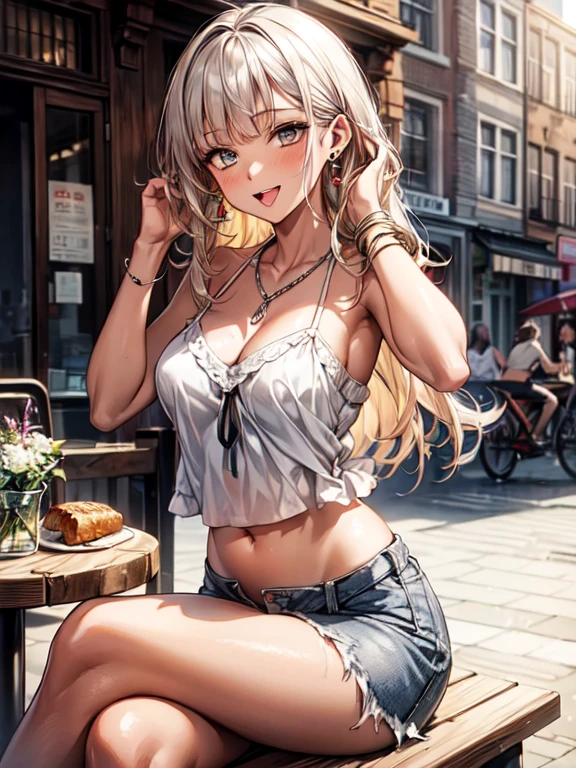 ((masterpiece, Highest quality, Very detailed)), anime CG,
One girl, 20 years old, gyaru, gyaru-style makeup, BREAK ((brown skin:1.3)), ((tanned skin:1,3)), ((blonde)), Long Hair, blunt bangs, wavy Hair, BREAK ((grey eyes:1.3)), ((slant eyes:1.3)),((thick thighs)), medium breasts, focus lip,
((lots of pierced earrings, silver chain necklace, silver bracelet)),
((bare belly button, belly piercing)),
BREAK looking at viewer, cowboy shot, evil smile, ((open mouth)), ((tongue out)), ((sitting on a wooden benche)), ((hand up)), ((hand in own hair)), ((crossed legs)),
BREAK ((white halter neck camisole)), ((denim mini skirt)), ((cleavage)),
BREAK Outdoors, Amsterdam cafe exterior, daytime, large windows, sunny terrace seating, wooden benches, bicycles parked nearby, Dutch architecture, cozy atmosphere, (iced coffee glasses on table), people sitting at outdoor tables, pastries, warm colors, soft natural light,