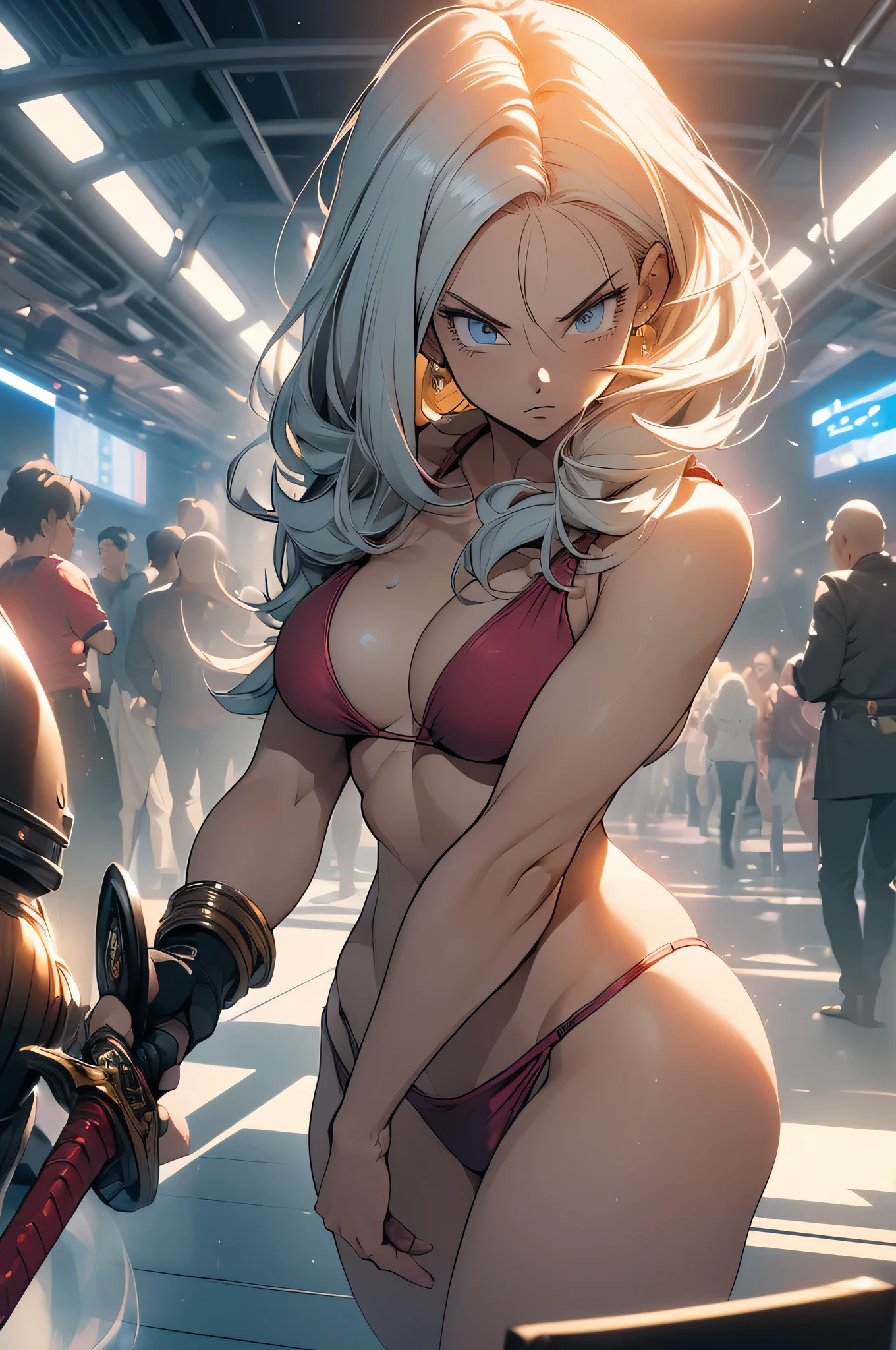 (Highest quality,4K,High resolution,masterpiece:1.2), (Ultra-detailed), (Slender beauty)(Age 27)(Holding a sword:1.3) (Dynamic Art), (looking at the camera) (Dragon Ball Z setting), (The whole body is visible)(Vision:1.8), (Realist,Photorealist,photo-Realist:1.37), (High resolution,High resolution), (Portraiture), (Vibrant colors), (Long legs), (A noticeably elongated face), (Wide range) (Beautiful Fine grain), (Beautifully detailed lips), (Highly detailed eyes and face), , Bright eyes Dynamic angles and postures, Soaked in sweat, Sweat, (Long eyelashes), (Sharp focus), (Physically Based Rendering), (8 heads,Beautiful female warrior), (Mature Woman) (Leg spread), (intense), (expression of intense desire), (Motion Blur), (elegant), (Slim figure:1.3), (Inspired by anime), (Bright light), (Cinema Lighting), (Contrasting colors), (Mysterious atmosphere), (Action-packed scenes), (Unique Look), (impressive), (Reveal costumes), (Exciting), (Expressive), (Interesting atmosphere), (monster:1.4) ((Highest quality)),((Very detailed)),masterpiece,absurdes,Detailed face,Beautiful Face,(Fine grain, Deep Eyes),((Dynamic pose)), (((Long white hair,Adult beauty,Inspired by Akira Toriyama))),(((Bikini Armor))),grassland,Fighting with monsters Distant view Vision Wide shot Wide angle Long shot