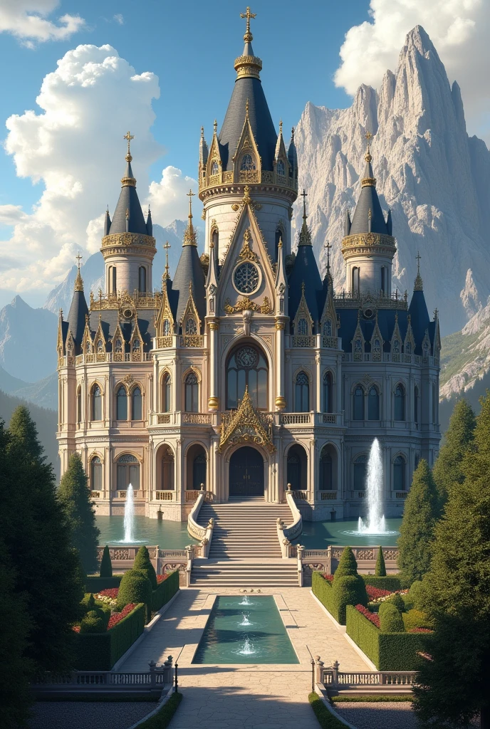 Mix the French and Spanish Baroque style with the Germanic Gothic style in a castle with similarities to the Palace of Versailles 