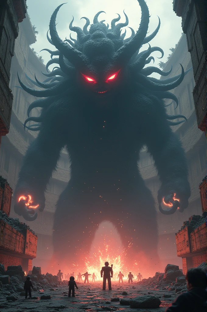 A black cloud in a coliseum with red eyes fighting Roblox players