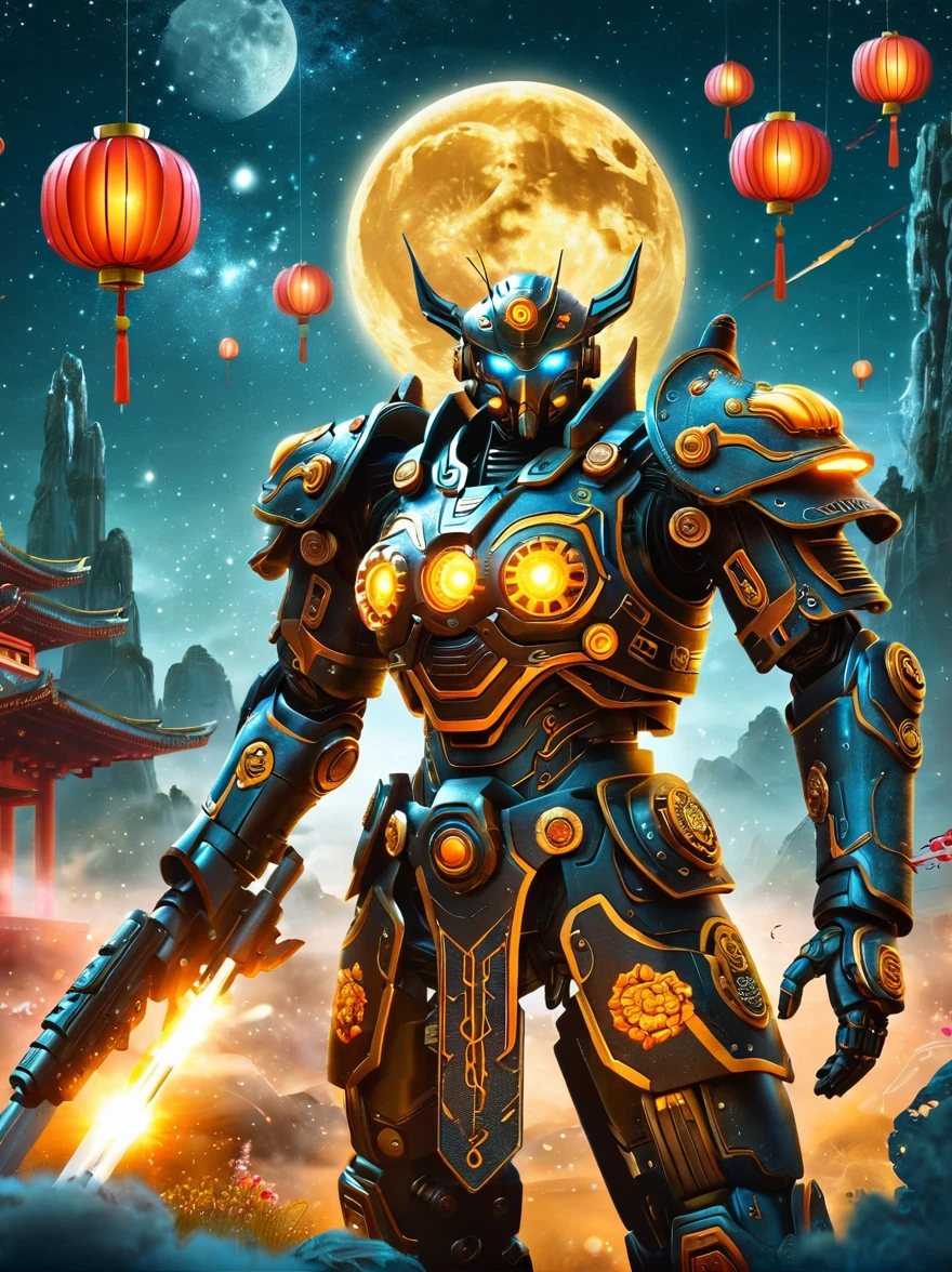 Create a Mid-Autumn Festival poster with a futuristic sci-fi mechanical fantasy，(By Mooncake，The composition of the mechanical Chang&#39;e in Guanghan Palace:1.6)，(Dotted with osmanthus and osmanthus)，嫦娥有长长的White hair，blue eyes，The body is silver，Wearing a white Hanfu dress，A blue belt is tied around the waist，Standing in a futuristic Mid-Autumn Festival background，The background is blue，There are blue lights on her and in the background，There&#39;s an energy field around her.，This image is very detailed and realistic，((girl，Hanfu mecha))，Broken armor，Mechanical Halo，Robotic Arm，White hair，Long hair，Ceramic body，Thigh gap，Network Background，Extremely detailed city，(Translucent body)，(Reflective Skin)，8k，Best quality，Ultra Detailed，(Surrealism:1.4), [colorful explosion psychedelic paint colors:1.21], (sharp:0.7), amazing fine detail, Nikon D850 film stock photograph Kodak Portra 400 camera f1.6 lens, rich colors, lifelike
