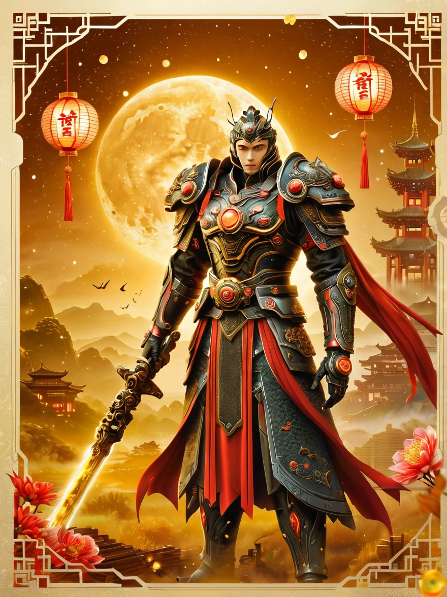 Create a Mid-Autumn Festival poster with a futuristic sci-fi mechanical fantasy，(By Mooncake，The composition of the mechanical Chang&#39;e in Guanghan Palace:1.6)，(Dotted with osmanthus and osmanthus)，嫦娥有长长的White hair，blue eyes，The body is silver，Wearing a white Hanfu dress，A blue belt is tied around the waist，Standing in a futuristic Mid-Autumn Festival background，The background is blue，There are blue lights on her and in the background，There&#39;s an energy field around her.，This image is very detailed and realistic，((girl，Hanfu mecha))，Broken armor，Mechanical Halo，Robotic Arm，White hair，Long hair，Ceramic body，Thigh gap，Network Background，Extremely detailed city，(Translucent body)，(Reflective Skin)，8k，Best quality，Ultra Detailed，(Surrealism:1.4), [colorful explosion psychedelic paint colors:1.21], (sharp:0.7), amazing fine detail, Nikon D850 film stock photograph Kodak Portra 400 camera f1.6 lens, rich colors, lifelike
