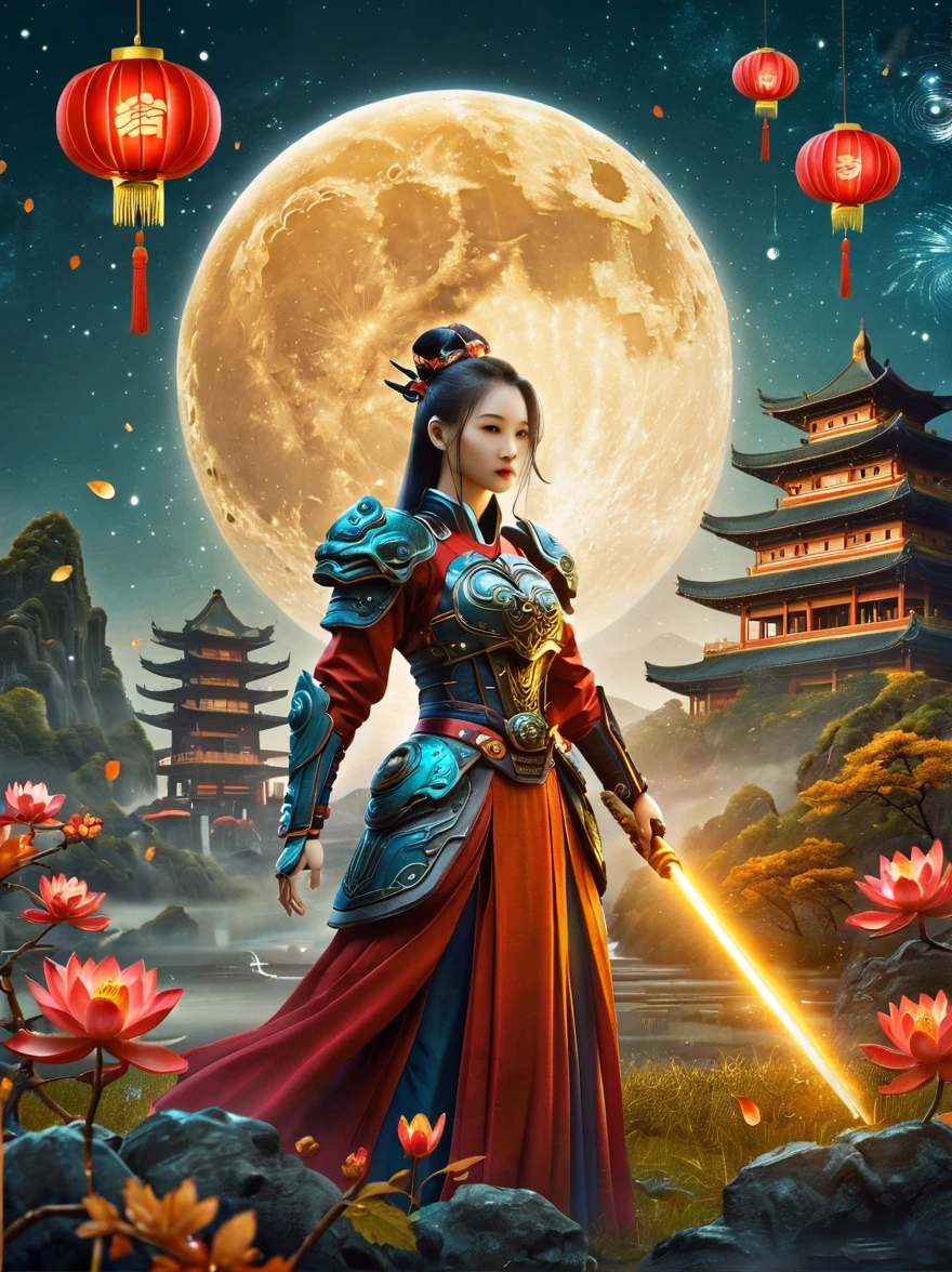 Create a Mid-Autumn Festival poster with a futuristic sci-fi mechanical fantasy，(By Mooncake，The composition of the mechanical Chang&#39;e in Guanghan Palace:1.6)，(Dotted with osmanthus and osmanthus)，嫦娥有长长的White hair，blue eyes，The body is silver，Wearing a white Hanfu dress，A blue belt is tied around the waist，Standing in a futuristic Mid-Autumn Festival background，The background is blue，There are blue lights on her and in the background，There&#39;s an energy field around her.，This image is very detailed and realistic，((girl，Hanfu mecha))，Broken armor，Mechanical Halo，Robotic Arm，White hair，Long hair，Ceramic body，Thigh gap，Network Background，Extremely detailed city，(Translucent body)，(Reflective Skin)，8k，Best quality，Ultra Detailed，(Surrealism:1.4), [colorful explosion psychedelic paint colors:1.21], (sharp:0.7), amazing fine detail, Nikon D850 film stock photograph Kodak Portra 400 camera f1.6 lens, rich colors, lifelike
