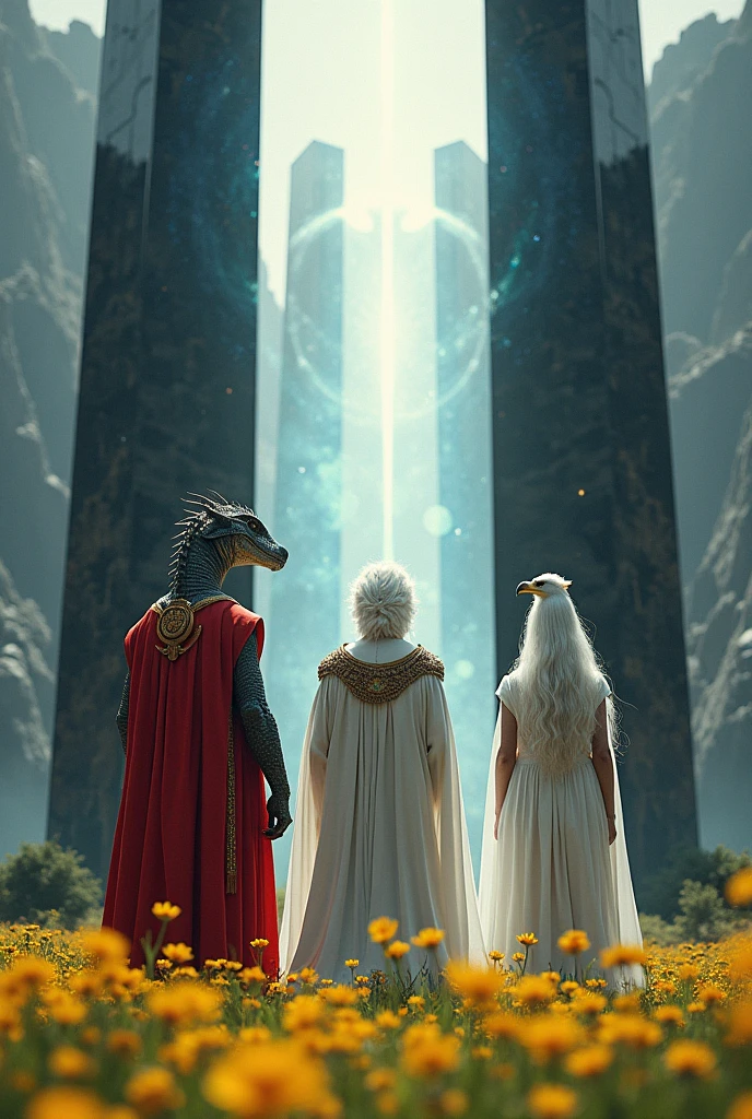 A strong humanoid reptilian wearing red ceremonial attire, a white-haired Nordic man wearing an elven robe and in the center a falcon man in a white cloak. They are in front of two French obelisks made of mirrored black crystal, placed in the middle of a field with yellow flowers. Between the obelisks opens a dimensional portal to the universe 