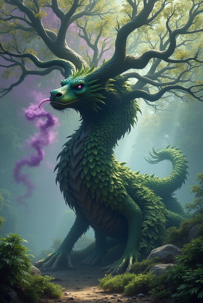 Adult dragon tree smoking marijuana , high green with purple