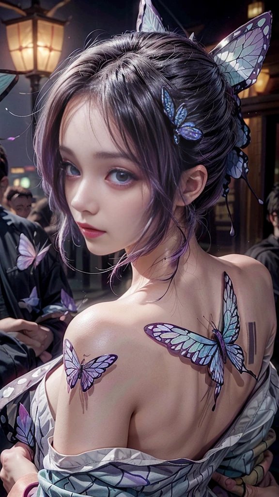 1girl shinobu ,butterfly tattoo on back,glowing skin, light purple hair, purple ayes,high res,hyper realistis, ultra detail