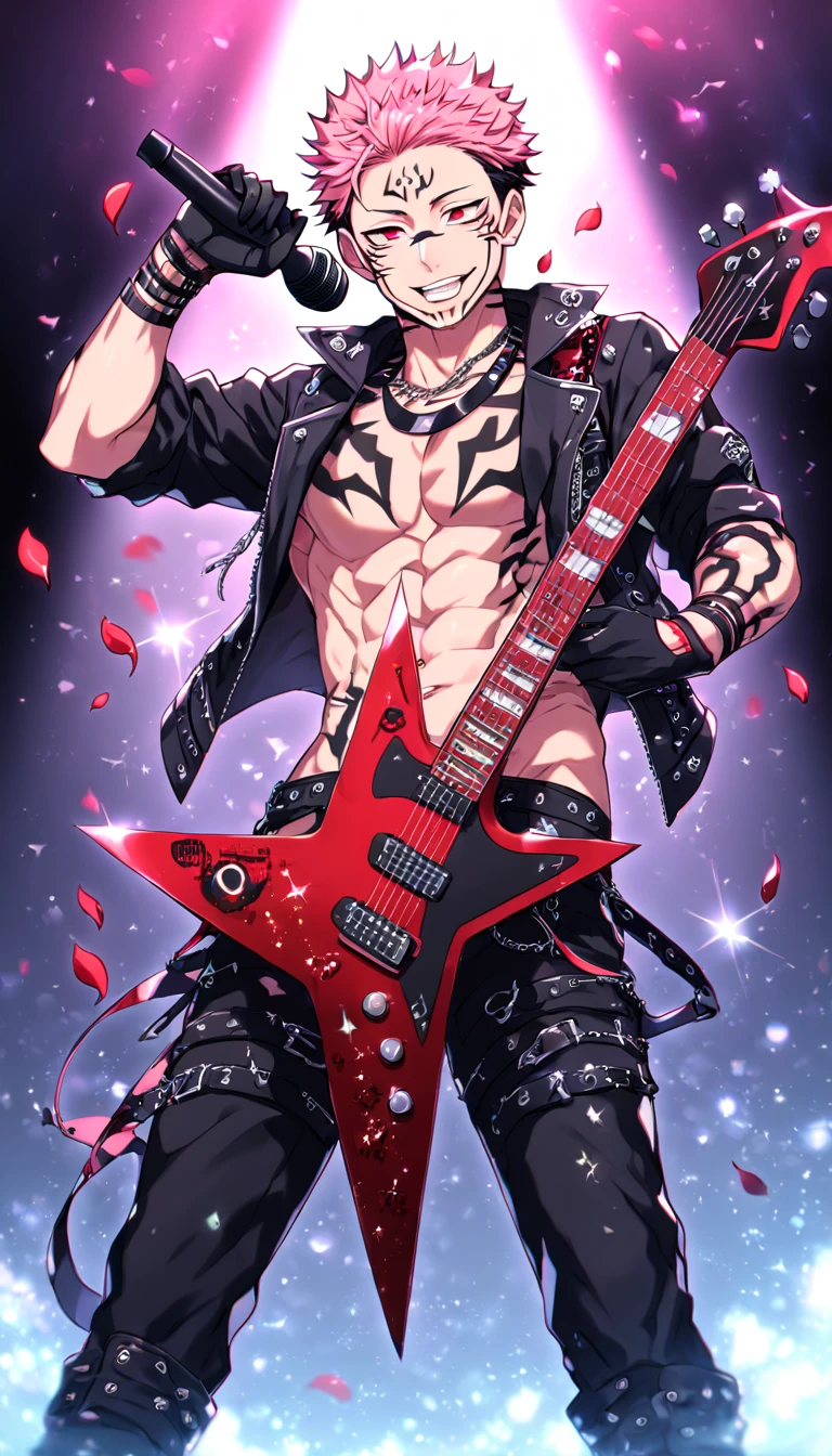 Ultra detailed, Highres, absurdres, HDR, master piece, Ryoumen Sukuna, pink hair, expressive red eyes, Jujutsu Kaisen, sexy man holding a black guitar, solo, rocker, black rocker clothes with trimmings, red petals, glittering, black gloves, red flowers, sensual, fantasy, rocker stage, concert, horny, erotic, toned chest, manly man, handsome smile, visual kei, black pants
