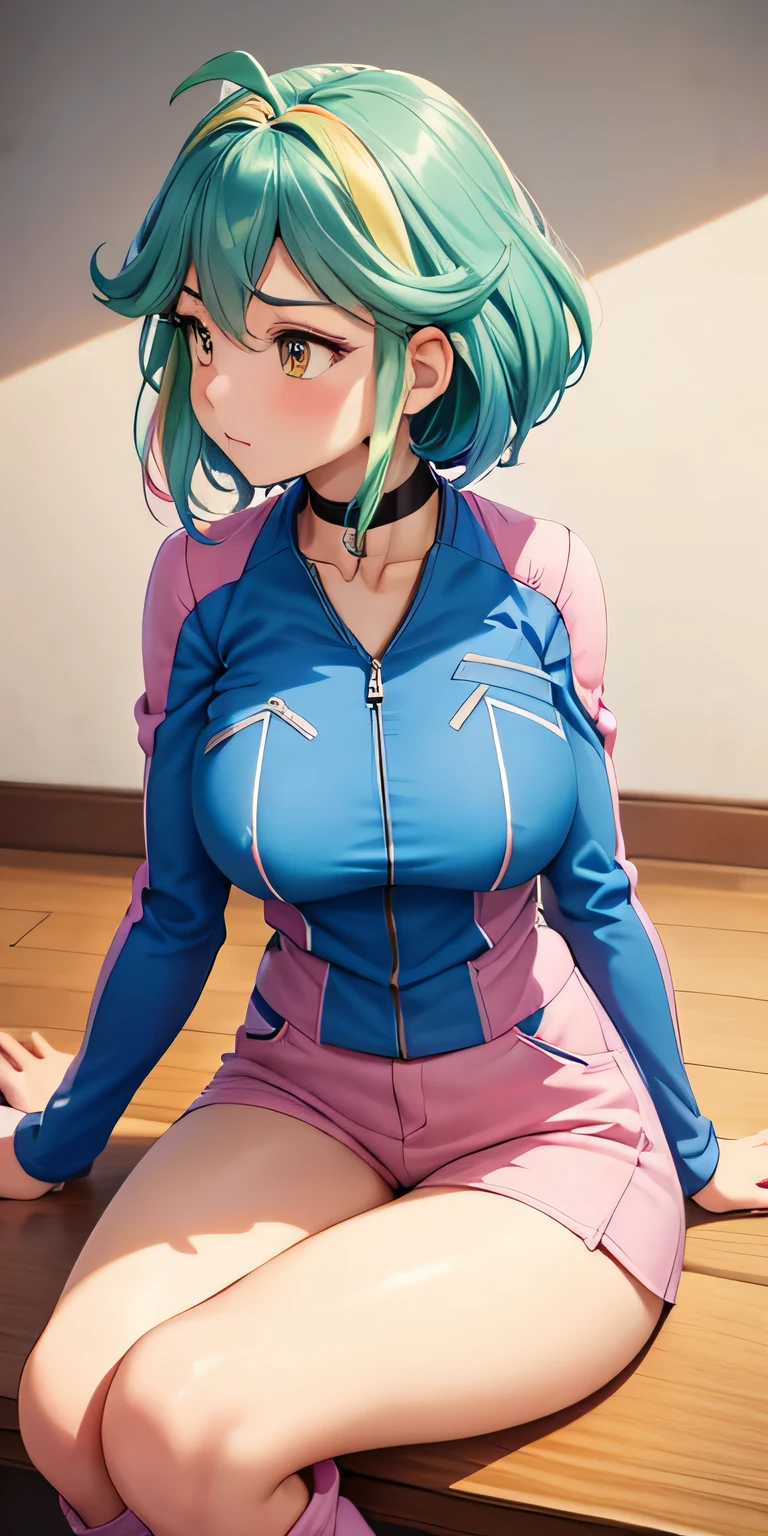 1 Female,High definition,high resolution,Ultra-realistic,8K, rin_arc_v,blue jacket,long sleeves,black choker,pink shorts,white thighs boots, multicolored hair,yellow eyes,European,sexy,Upper body close-up,Photographed from the front,Dynamic Angles,private teacher,blush, huge tits, nipples , pretty  ,(pov , closed shot:1.3),(profile view), sitting,(top view)