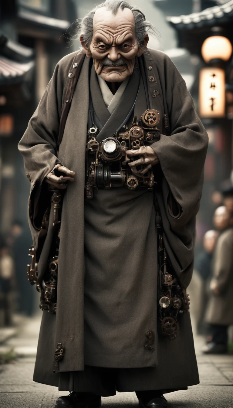A steampunk Japanese town、There are a lot of monsters behind、Full Body Shot、Horror-themed movie stills,、Calm, big-headed old man,（Head size 1:４) (Full body portrait:1.3), (Detailed old man evil face:1.4), I'm wearing a kimono, Shallow depth of field, Vignette, Very detailed, High budget, Bokeh, CinemaScope, Sulky, amazing, nice, Film Grain, granular . Creepy, Anxious, dark, Creepyな, Suspenseful, strict, Very detailed