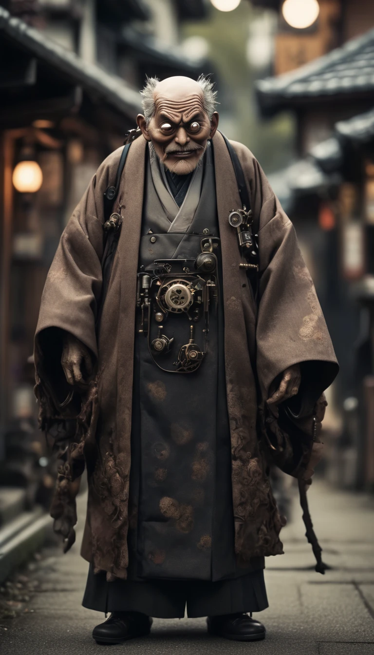 A steampunk Japanese town、There are a lot of monsters behind、Full Body Shot、Horror-themed movie stills,、Calm, big-headed old man,(Head size 1:4) (Full body portrait:1.3), (Detailed old man evil face:1.4), I'm wearing a kimono, Shallow depth of field, Vignette, Very detailed, High budget, Bokeh, CinemaScope, Sulky, amazing, nice, Film Grain, granular . Creepy, Anxious, dark, Creepyな, Suspenseful, strict, Very detailed