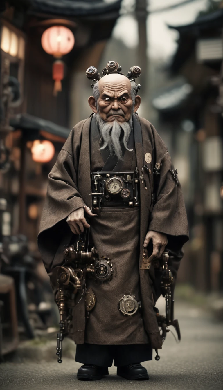A steampunk Japanese town、There are a lot of monsters behind、Full Body Shot、Horror-themed movie stills,、Calm, big-headed old man,(Head size 1:4) (Full body portrait:1.3), (Detailed old man evil face:1.4), I'm wearing a kimono, Shallow depth of field, Vignette, Very detailed, High budget, Bokeh, CinemaScope, Sulky, amazing, nice, Film Grain, granular . Creepy, Anxious, dark, Creepyな, Suspenseful, strict, Very detailed
