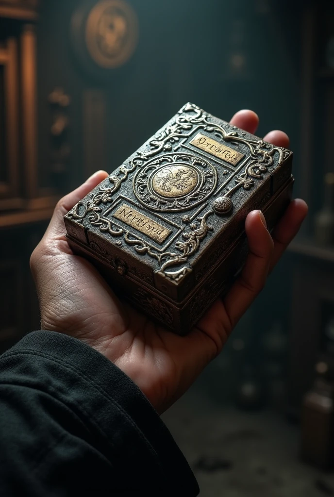 A mysterious metal box with carvings on the outside. An inscription in a strange language on the forehead. open lid. Held by a man's hand. On Twitter a collection of typical panty bows, lingerie