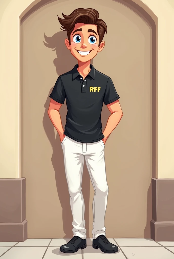 Create a   cute man cartoon photo with good font RFF in his polo shirt. The shirt is black and the pants is white and shoes is Black. Scenery mode is front walling in the building. 