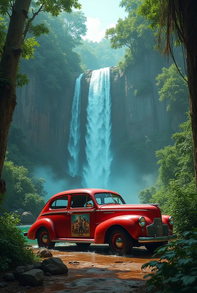 A red car at the middle of the jungle on that car photo print and beside trees are half blue half red back side of the car waterfall I want bahubali photo on the car that car has been old look
