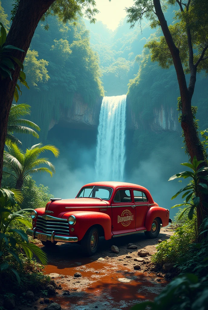 A red car at the middle of the jungle on that car photo print and beside trees are half blue half red back side of the car waterfall I want bahubali photo on the car that car has been old look