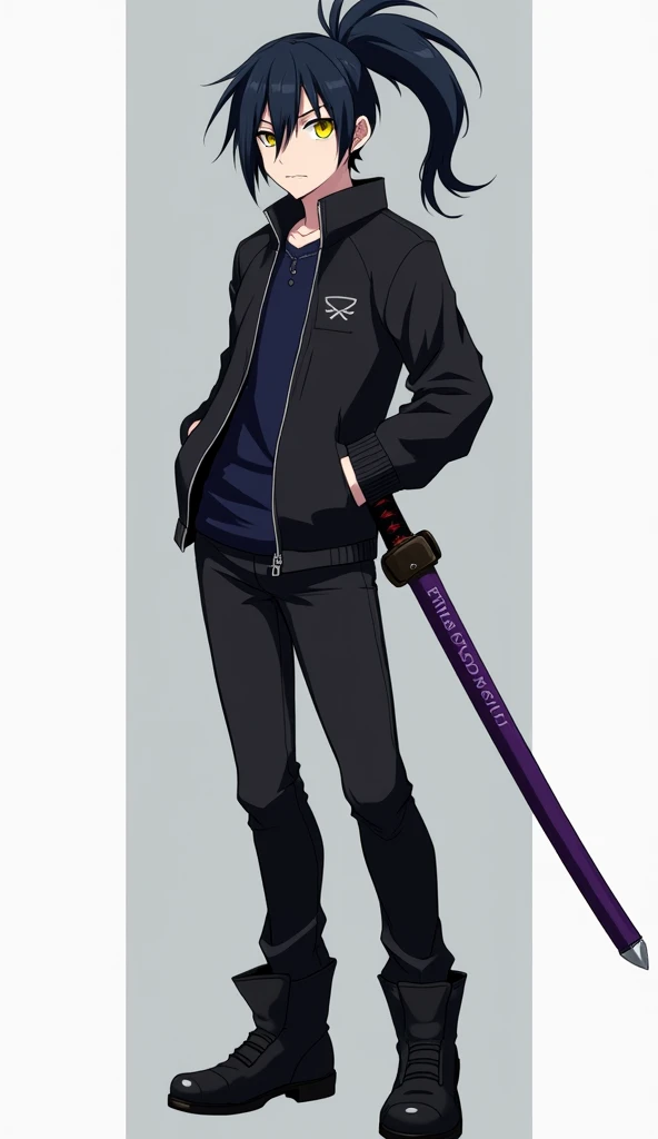 Create an anime style character, male gender with short and long, slightly spiky black hair with the fringe covering the face a little on the left side and with a giant ponytail, yellow  eyes, eyes large, Jaketa Black jacket with dark blue shirt, black gloves, black pants with men&#39;s black boots, with a purple sheathed katana on his back.