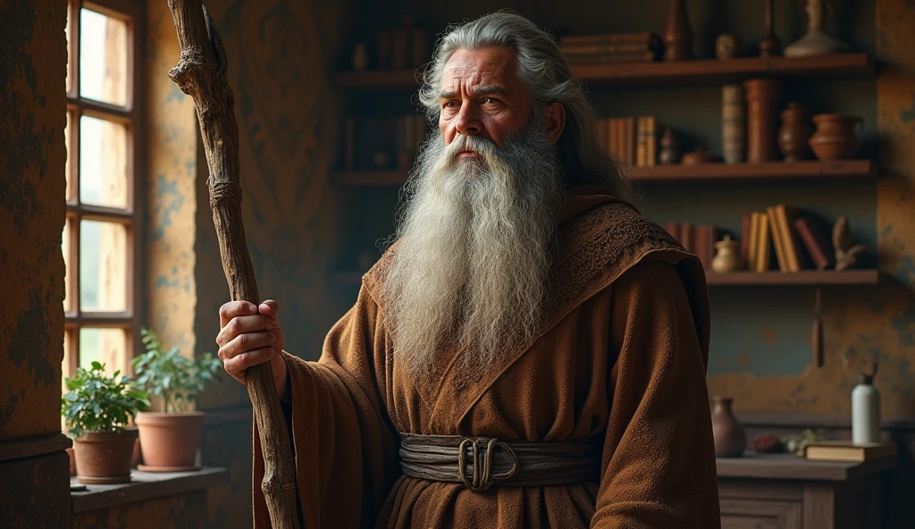 prophet man with a very big beard, and with a staff in hand at home