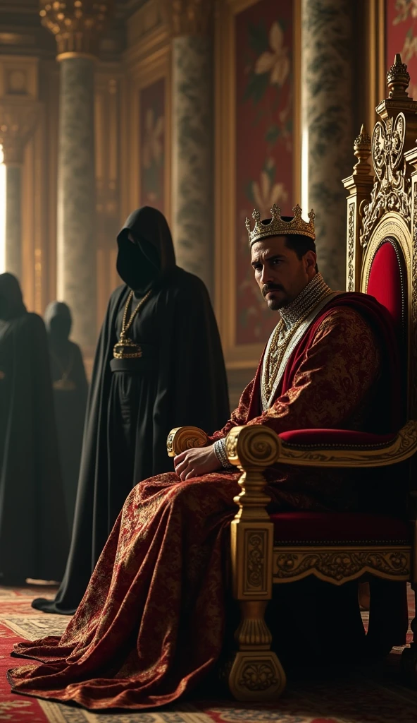 Close-up shot, Low angle shot, (A tense scene inside a lavish throne room, where a king, dressed in a richly embroidered robe and crown, sits on his throne. In the background, Illuminati members, dressed in dark, understated clothing, blend into the shadows as they subtly influence the court’s decisions. The king’s expression is one of concern as he listens to a courtier whispering in his ear. The room is opulent, with marble columns, gold-framed mirrors, and intricate tapestries, but the mood is one of unease.) unreal engine, cinematic, hyper-real, highly detailed, Ultra realistic HD --q 2 --v 6.1 --ar 9:16  