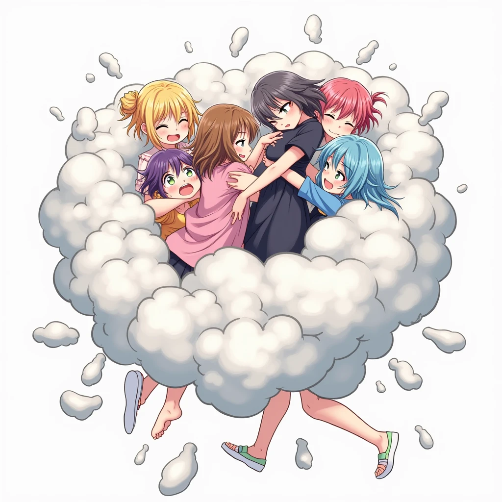 An anime-style illustration depicting many girls playfully wrestling with each other inside a light gray comical fight cloud (dust cloud).
each girl has different colored hair.
their faces,hands,and feet are visible emerging from the cloud as they tussle humorously, with the rest of their bodies completely hidden inside the cloud.
the illustration emphasizes the humorous and energetic nature of their scuffle,with a fluffy and exaggerated fight cloud.
