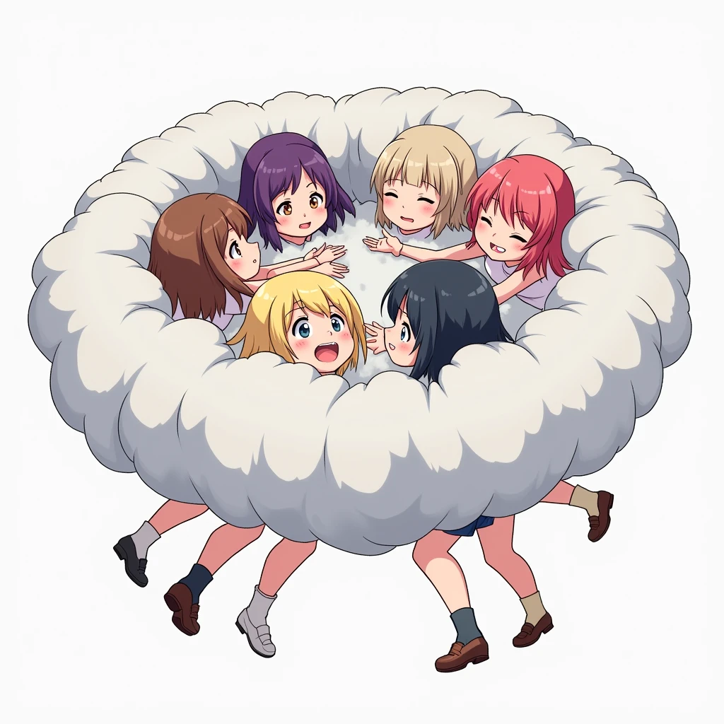 An anime-style illustration depicting many girls playfully wrestling with each other inside a light gray comical fight cloud (dust cloud).
each girl has different colored hair.
their faces,hands,and feet are visible emerging from the cloud as they tussle humorously, with the rest of their bodies completely hidden inside the cloud.
the illustration emphasizes the humorous and energetic nature of their scuffle,with a fluffy and exaggerated fight cloud.