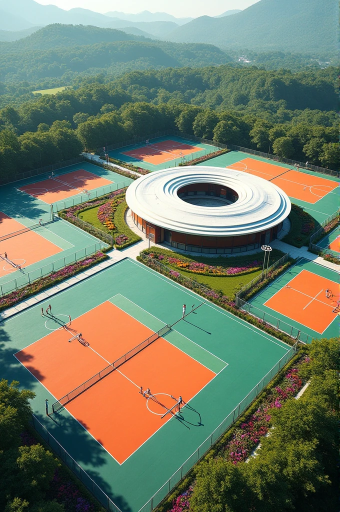 Make a sports center where in the middle you see a circular building and on the sides you see the courts and it is decorated with flowers.