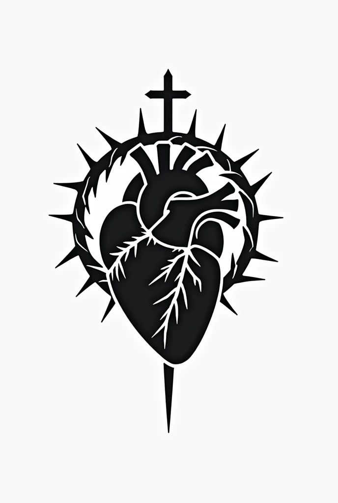 create a minimalist black and white logo with a human heart and a horizontal crown of thorns surrounding the heart 
