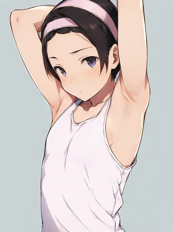 High resolution, masterpiece, The best quality at its best,最high quality,high quality, Height Details, One boy, Shota, オレンジのTank top, Wearing a headband, Tank top, (Smooth underarms), (Very young), (Very small and short body), S, (Show your armpits:1.3), Simple Background, little sweat