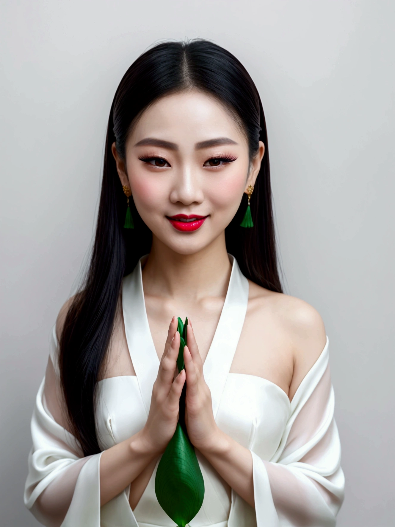 Mid-shot, half-length, elegant Shanghai woman, a large green lotus leaf on her face, covering half of her face, beautiful eyes, long eyelashes, smiling with red lips, clean face, smooth lines, black Hanfu, pure white background, ethereal Zen, large blank space above, minimalism