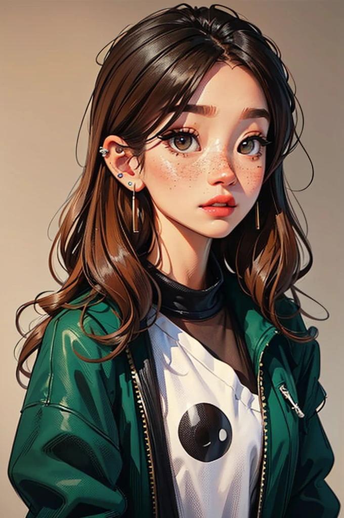 hair: long and curly, black in color. eye color: hazel or russet in color. eyeballs: big and expressive. skin: slightly tan in tone with freckles under the eyes. height: slightly shorter than average (5'2"). clothing style: casual and comfortable. clothing color: dark greens and browns. Add accessories such as many ear piercings (studded earrings) or nose piercings. background: market.