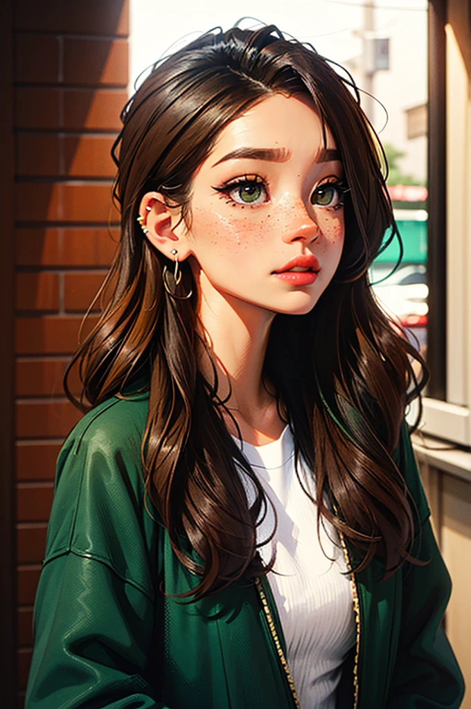 hair: long and curly, black in color. eye color: hazel or russet in color. eyeballs: big and expressive. skin: slightly tan in tone with freckles under the eyes. height: slightly shorter than average (5'2"). clothing style: casual and comfortable. clothing color: dark greens and browns. Add accessories such as many ear piercings (studded earrings) or nose piercings. background: market.