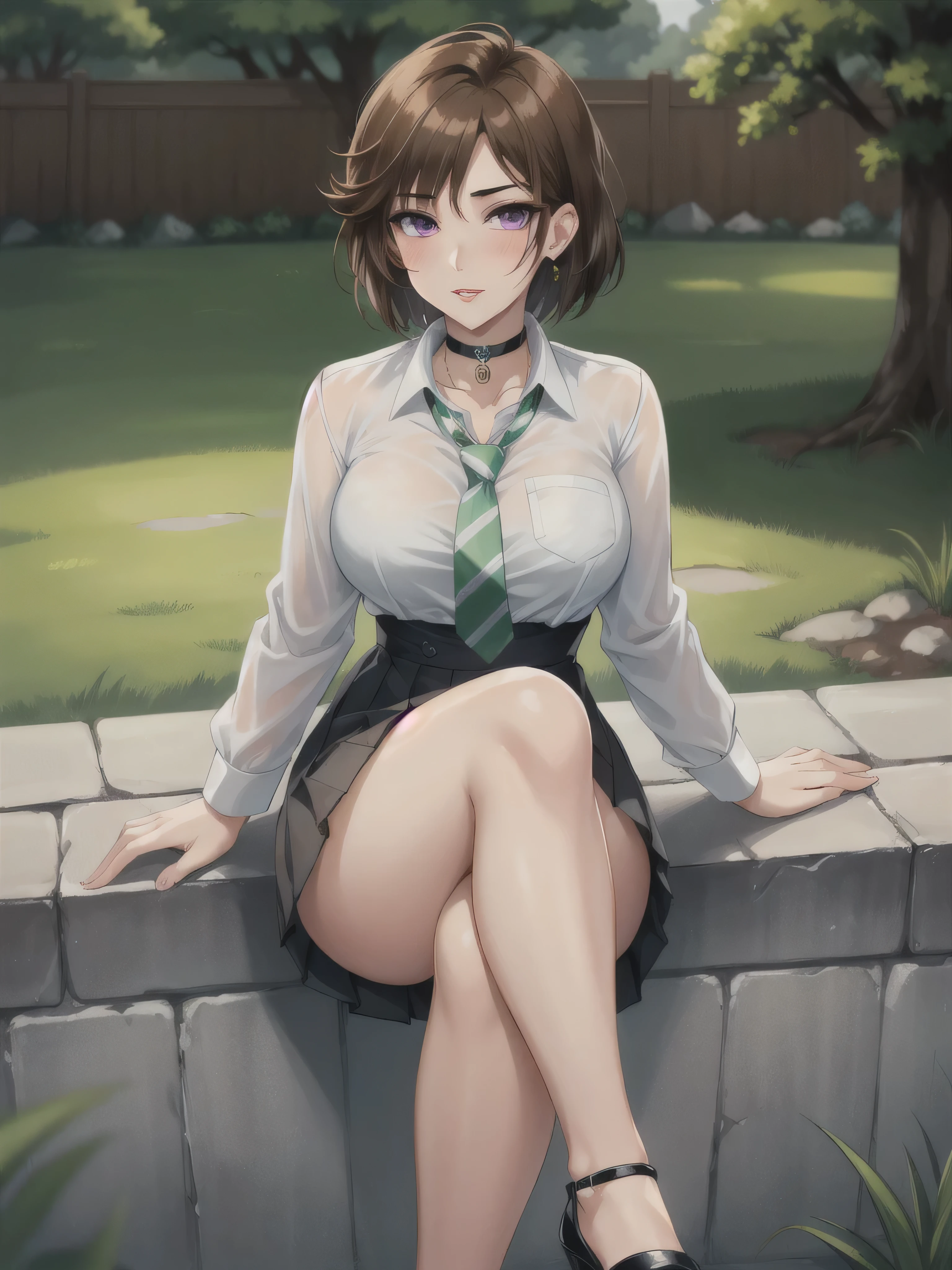 (best quality, ultra detailed), (full-face blush), (detailed background:1.2), (perfect face, detailed face), looking at viewer, (mature female:1.4), merula, 1girl, short hair, messy hair, split-color hair, solo, purple eyes, makeup, eyeshadow, (thick lips:1.4), waist, narrow waist, (choker, pleated skirt:1.2), (black miniskirt), school uniform, jewelry, earrings, collared shirt, white shirt, medium breasts, (green striped necktie:1.2), sexually suggestive, puckered lips, outdoors, white brick wall, cobblestone, grass, garden, tree, sitting, crossed legs, (depth of field), whole body, full body, white high heels