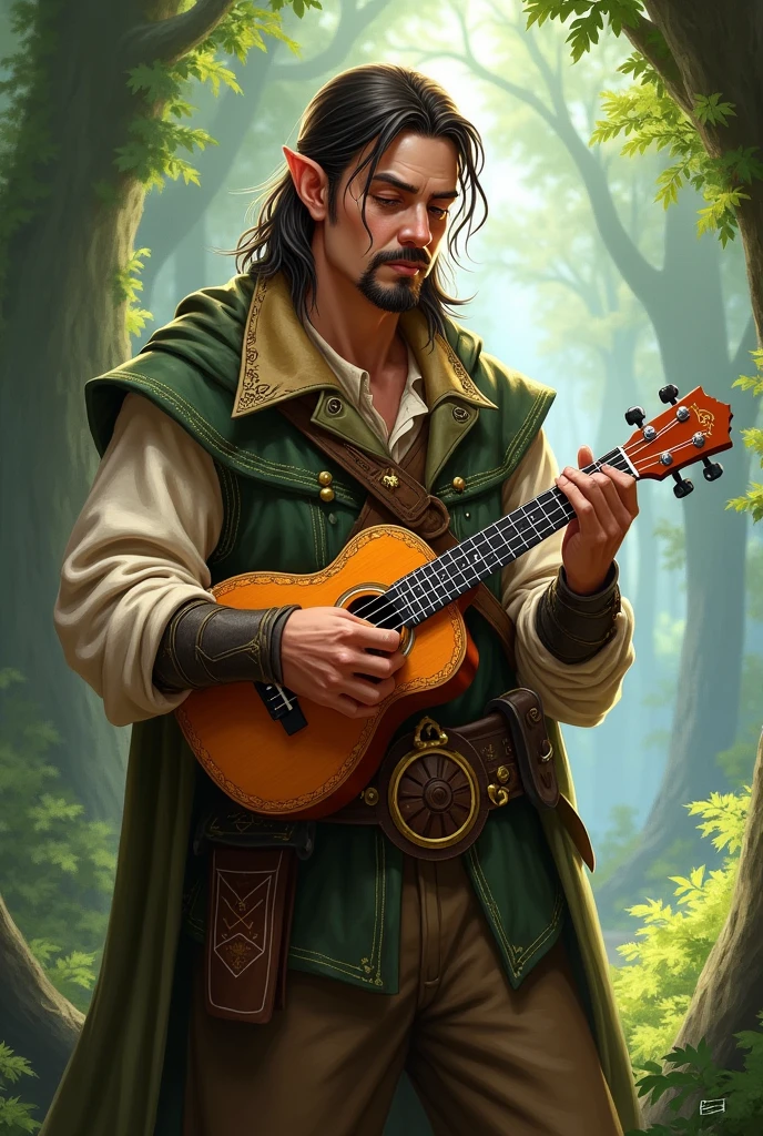 bard, half elf, masculine, com um ukulele, small goatee, inspired by the dungeon rpg game & dragons